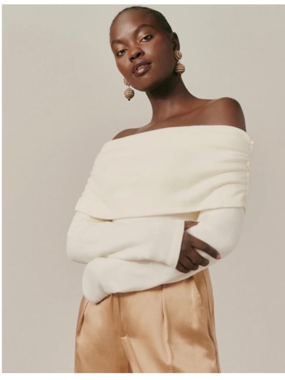 Reformation Off-Shoulder Cream Sweater Top